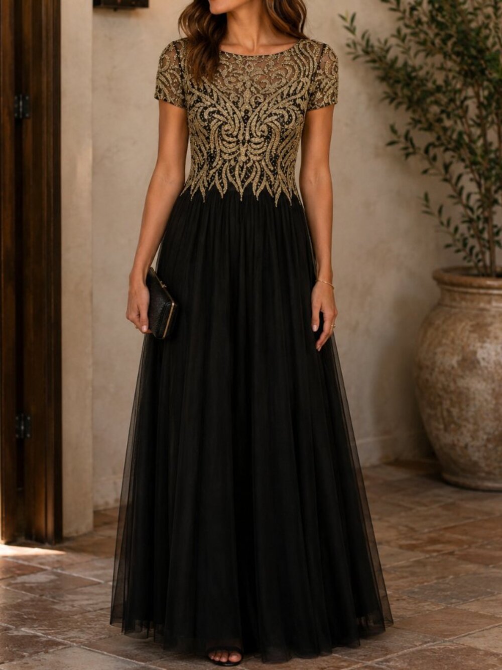 Basix Black Label Beaded Embroidered Gown Black Gold Tulle 10